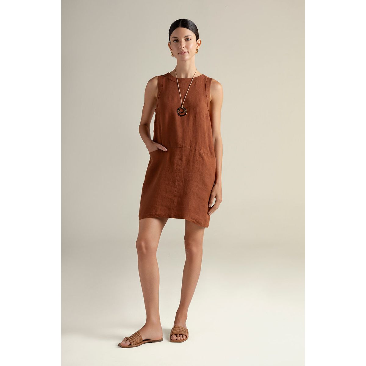 TOUCHE BALNEAIRE - Vestido corto en lino 100% color terracota 0F33T61