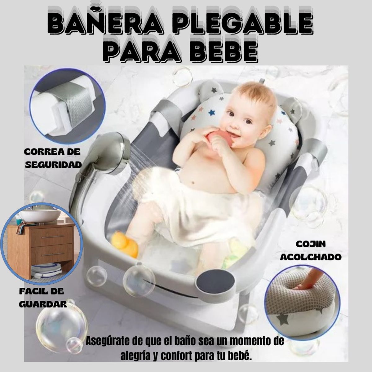 MUNDO BEBE - BAÑERA PARA BEBES ULTRA RESISTENTE CON REGALOS  COLOR GRIS