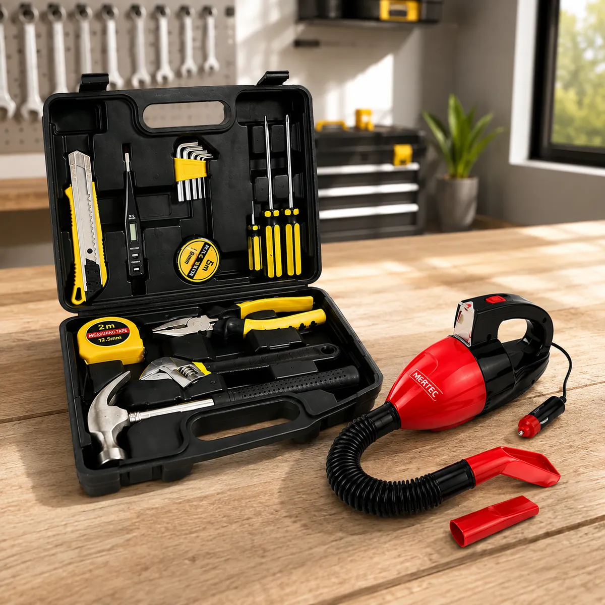 MERTEC - Combo Mertec Kit de Herramientas 15 Piezas + Aspiradora Portátil para Automóvil