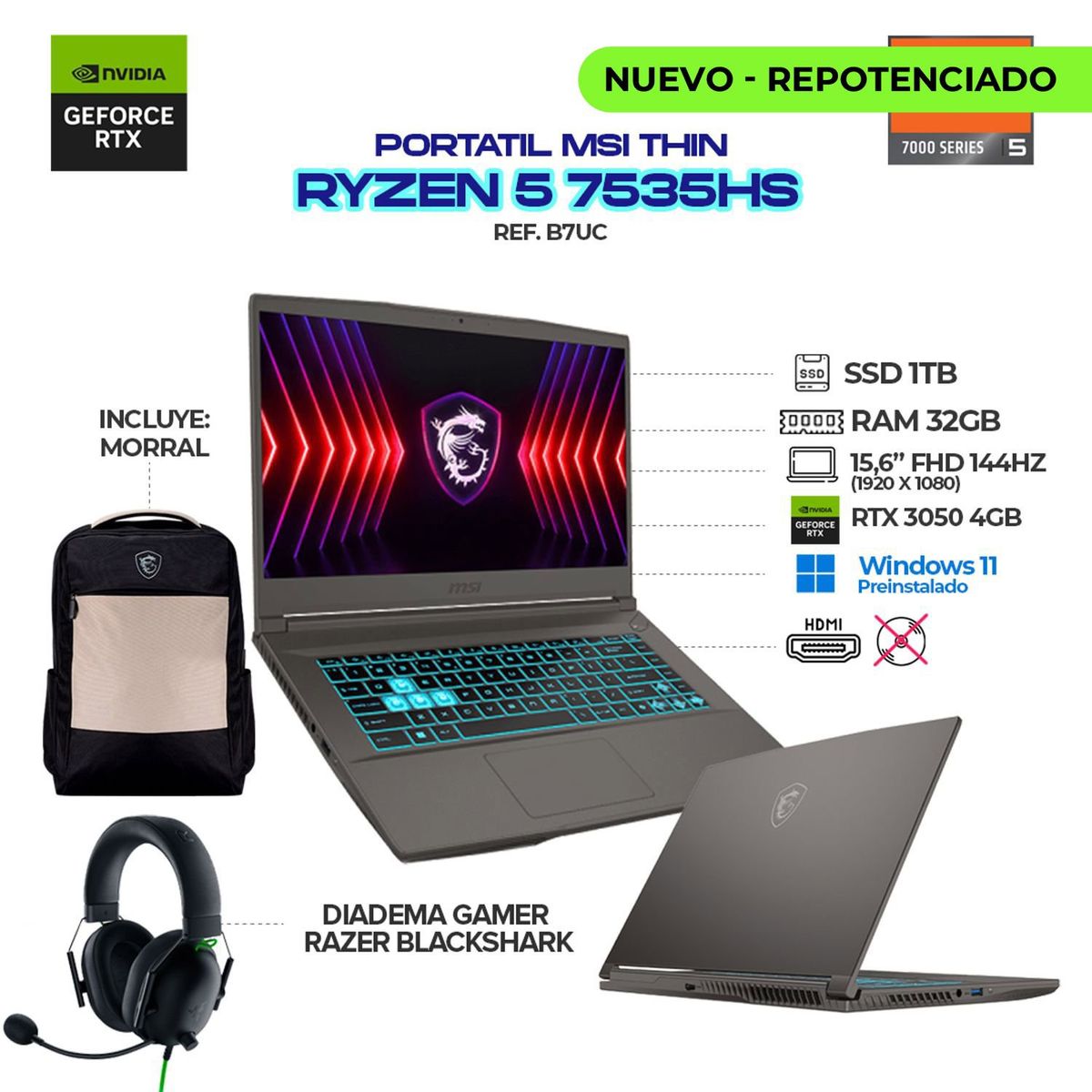 MSI - PORTÁTIL MSI THIN – RYZEN 5 7535HS - RTX 3050 - 32GB - 1TB SSD - 15.6" + DIADEMAS RAZER