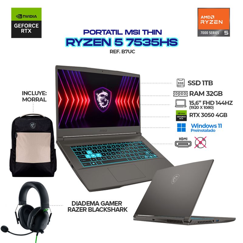 MSI - PORTÁTIL MSI THIN – RYZEN 5 7535HS - RTX 3050 - 32GB - 1TB SSD - 15.6" + DIADEMAS RAZER