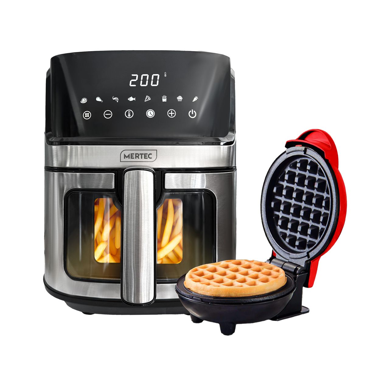 MERTEC - Freidora de Aire Digital 6.5 Litros Acero Inoxid + Mini Waflera Roja