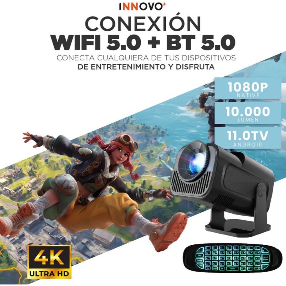 INNOVA - Proyector Android Hy 320 Mini Full Hd 4k 200 Pulgadas Wifi 5g + Control
