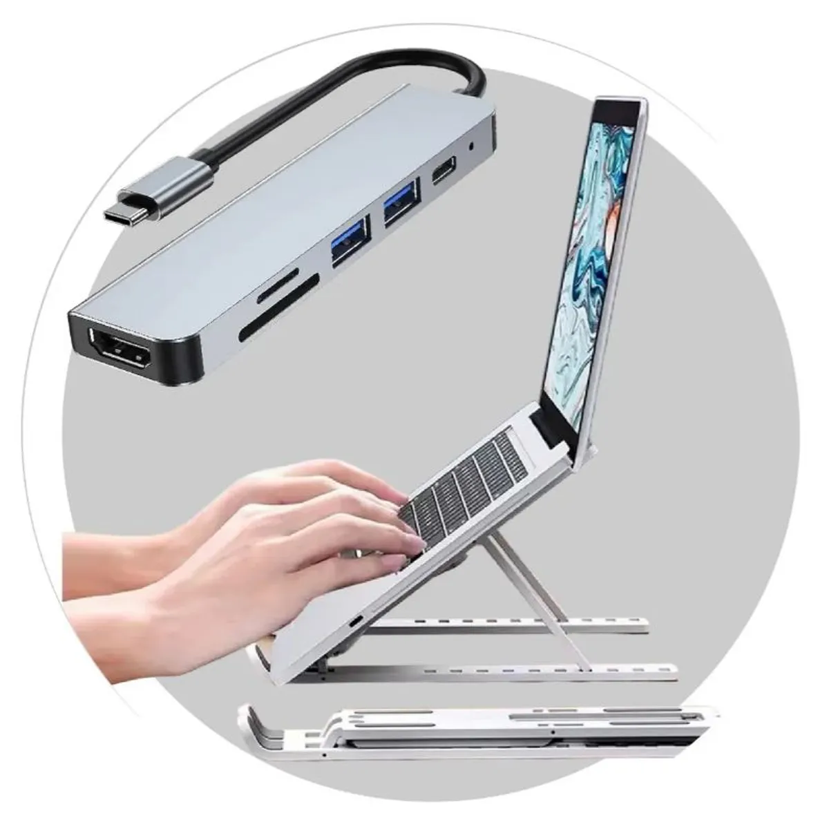 INNOVA - Soporte Portátil Laptop Para Pc Con Adaptador Usb C 6 En 1 Negro