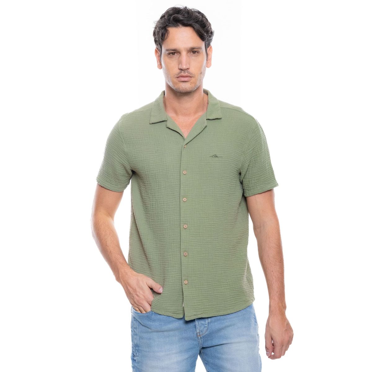 COLOR BLUE - Camisa Manga Corta Tipo Resort Con Bordado