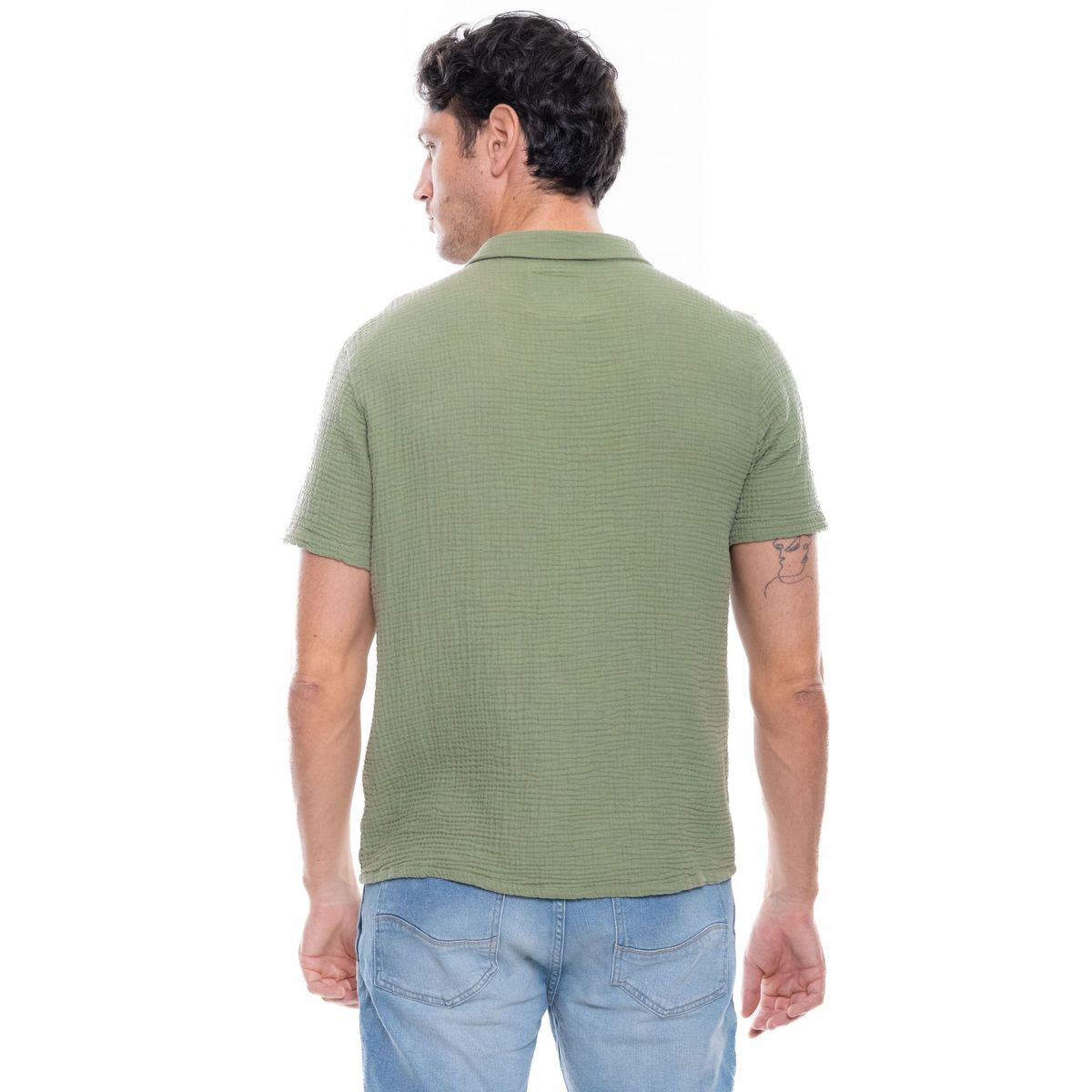 COLOR BLUE - Camisa Manga Corta Tipo Resort Con Bordado