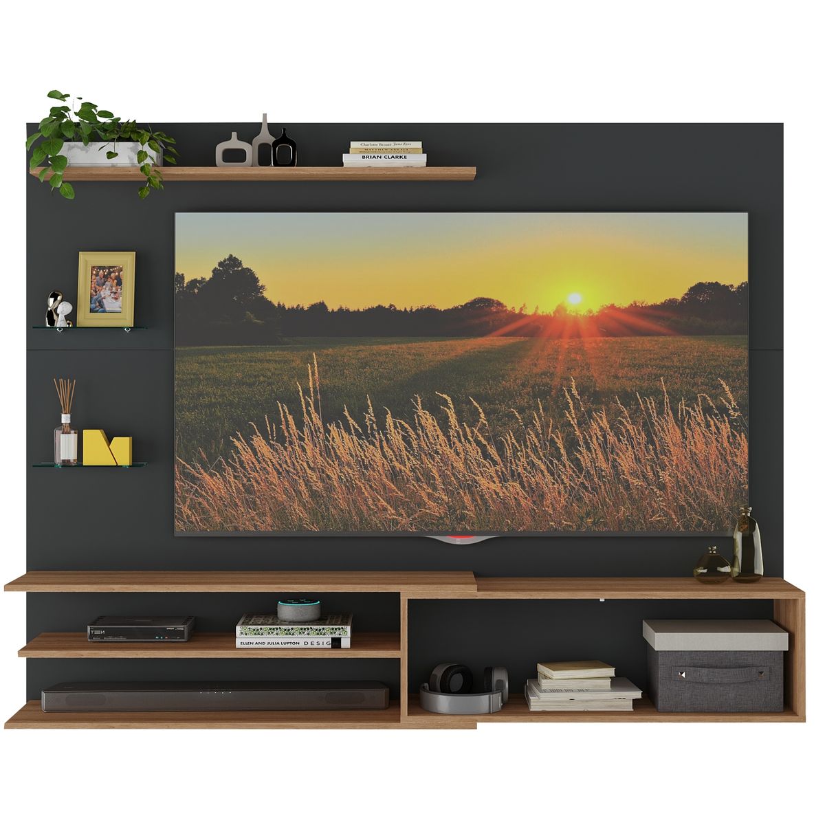 AKIVOY - Centro de Entretenimiento Rio Pared Negro con Cajones y Repisas 65