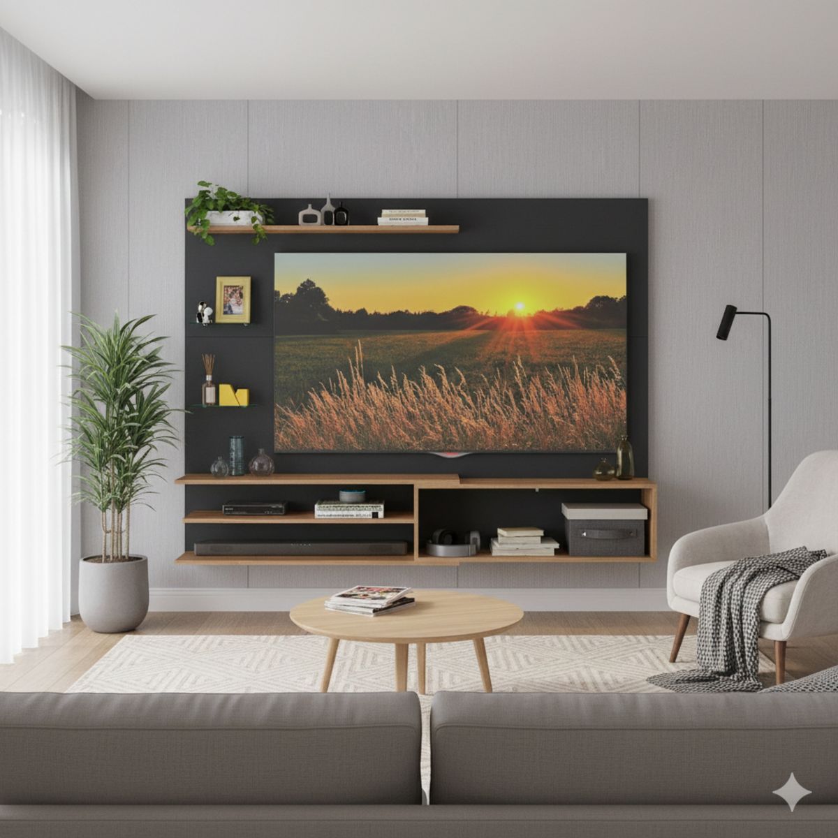 AKIVOY - Centro de Entretenimiento Rio Pared Negro con Cajones y Repisas 65