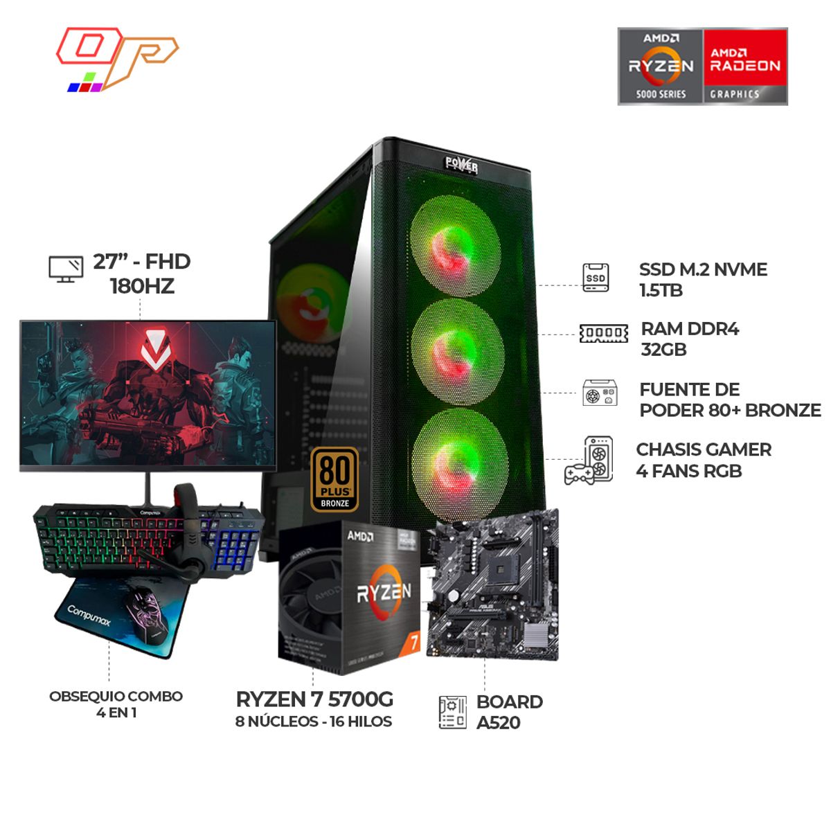 AMD - PC GAMER RYZEN 7 5700G / 32GB / 1.5TB SSD / MONITOR 27” 180HZ / COMBO 4 EN 1