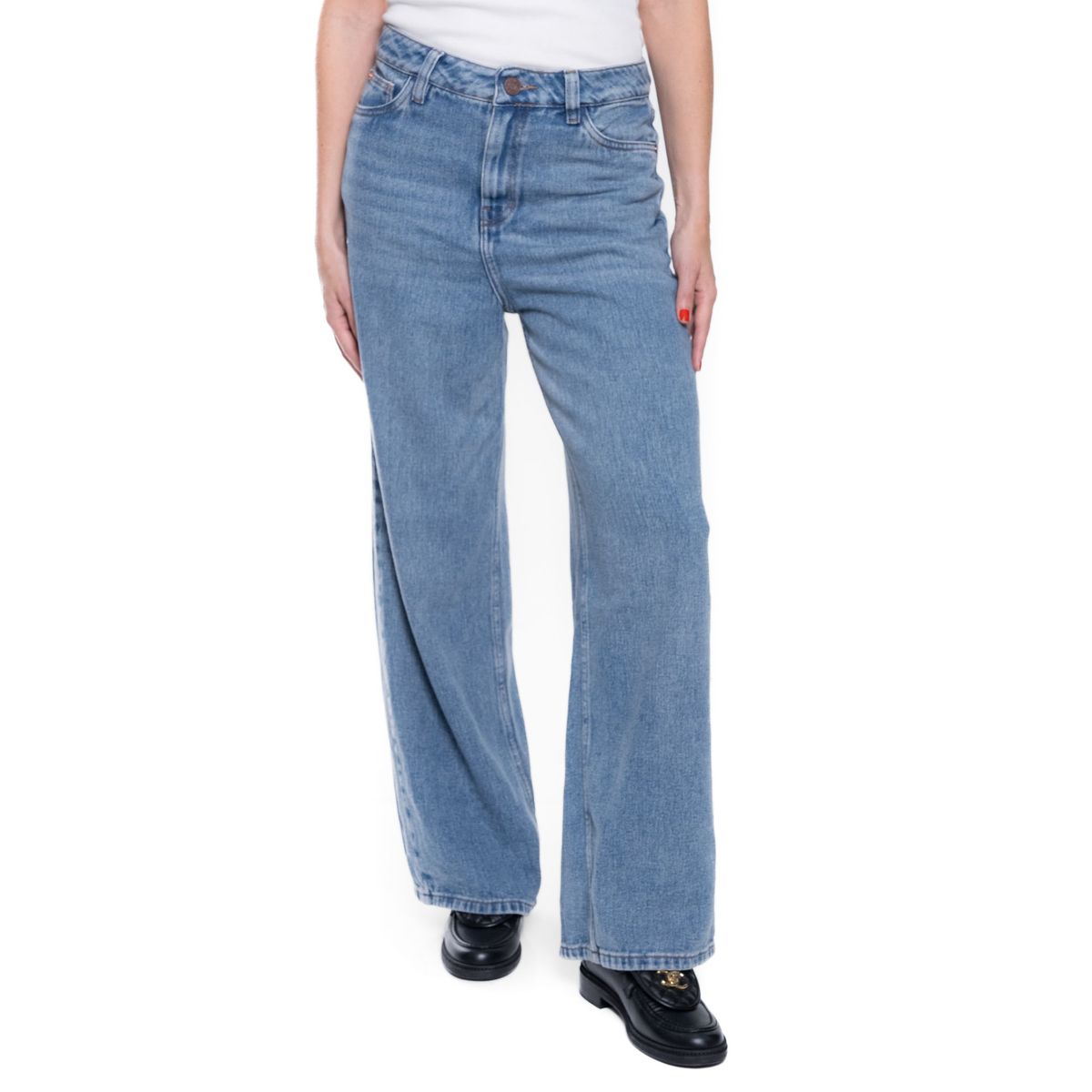 COLOR BLUE - High Waist Wide Leg Jeans Tono Medio