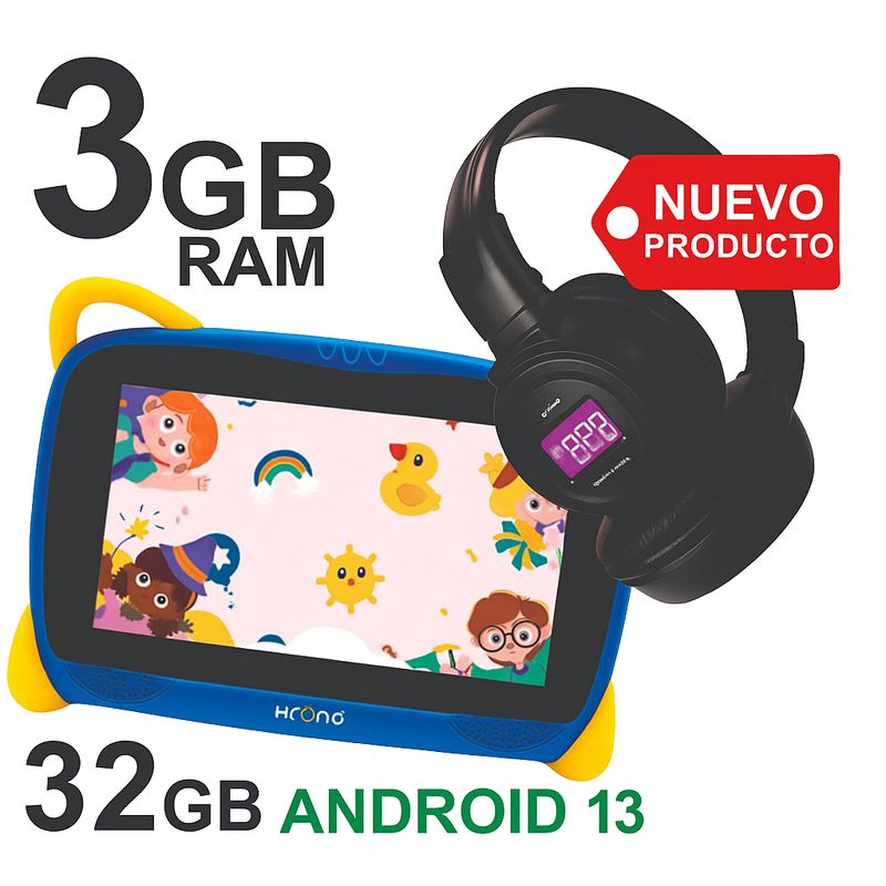 KRONO - Tablet Niños Krono KIDS PLUS + Diadema Bluetooth  Android 13 3GB RAM 32GB AZUL OSCURO