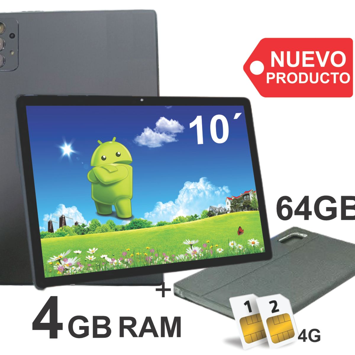 KRONO - Tablet 10 Pulgadas 8GB RAM (4+4) Doble SIM Android 14 64GB Gris