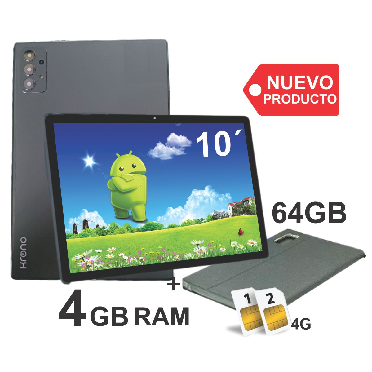 KRONO - Tablet 10 Pulgadas 8GB RAM (4+4) Doble SIM Android 14 64GB Gris