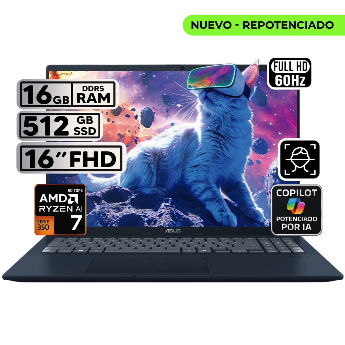 ASUS - PORTÁTIL ASUS VIVOBOOK 16 RYZEN AI 7 16GB 512GB SSD PANTALLA 16″ WUXGA