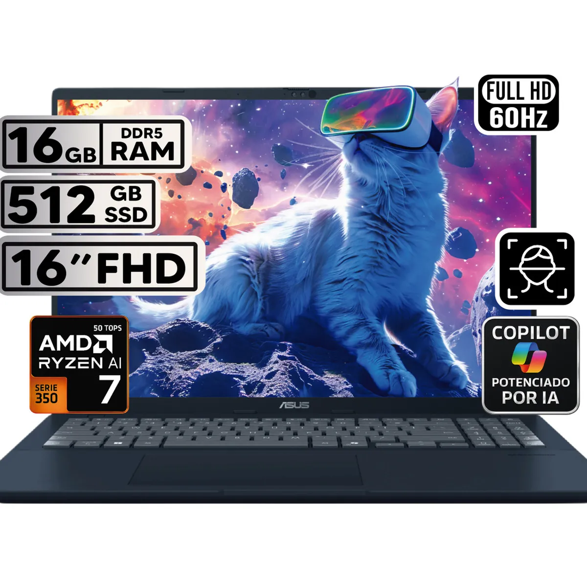 ASUS - PORTÁTIL ASUS VIVOBOOK 16 RYZEN AI 7 16GB 512GB SSD PANTALLA 16″ WUXGA