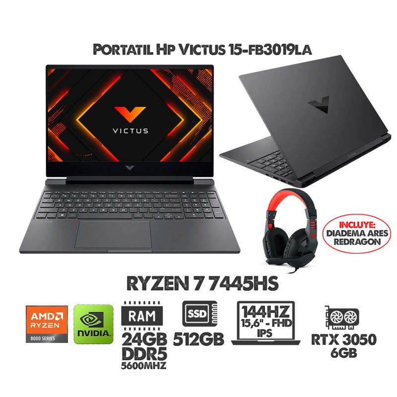 HP - PORTATIL HP VICTUS RYZEN 7- 15.6" 144HZ- RTX 3050 6GB- RAM 24GB DDR5 SSD 512GB + DIADEMAS REDRAGON
