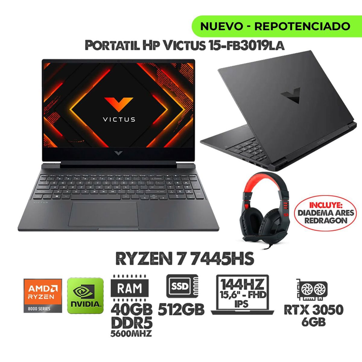 HP - PORTATIL HP VICTUS RYZEN 7- 15.6" 144HZ- RTX 3050 6GB- RAM 40GB DDR5 SSD 512GB + DIADEMAS REDRAGON