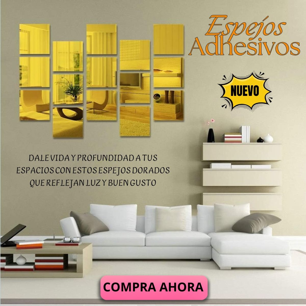 DECOR - ESPEJOS DECORATIVOS HOGAR DORADOS PACK POR 10 UNIDADES