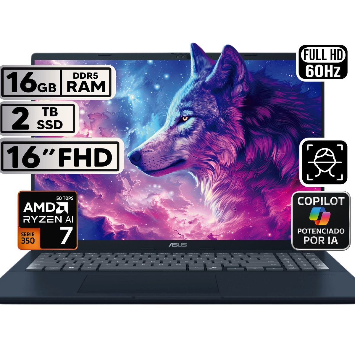 ASUS - PORTÁTIL ASUS VIVOBOOK 16 RYZEN AI 7 16GB 2TB SSD PANTALLA 16″ WUXGA