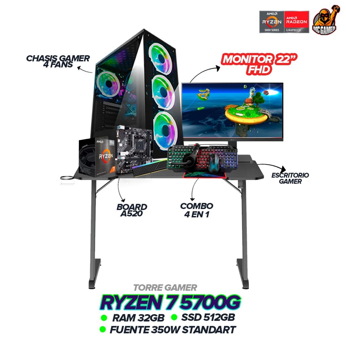 AMD - TORRE GAMER RYZEN 7 5700G / 32GB RAM / 512GB SSD / MONITOR 22” FHD + ESCRITORIO