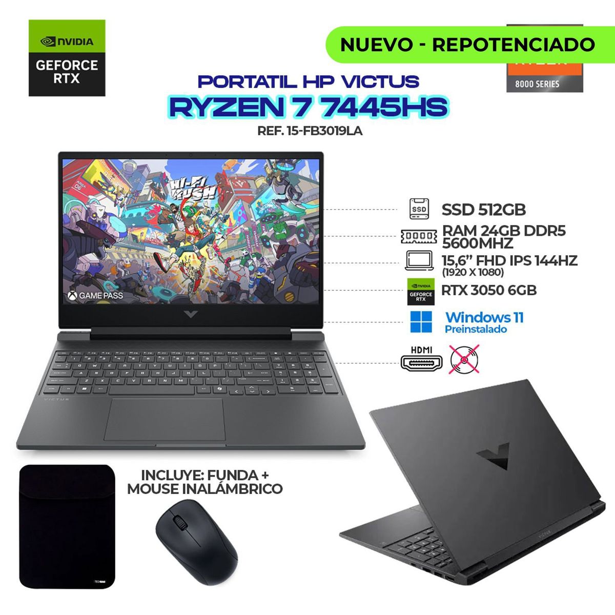 HP - PORTÁTIL HP VICTUS/ AMD RYZEN 7 7445HS / RTX 3050 6GB / 24GB DDR5 / 512GB SSD / 15.6”+ FUNDA Y MOUSE