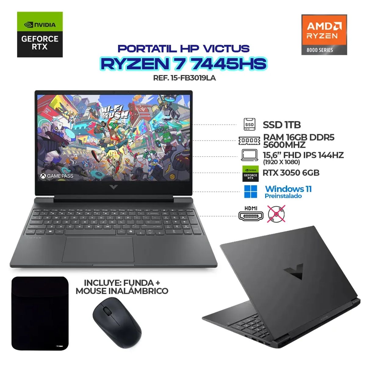 HP - PORTÁTIL HP VICTUS/ AMD RYZEN 7 7445HS / RTX 3050 6GB / 16GB DDR5 / 1TB SSD / 15.6”+ FUNDA Y MOUSE
