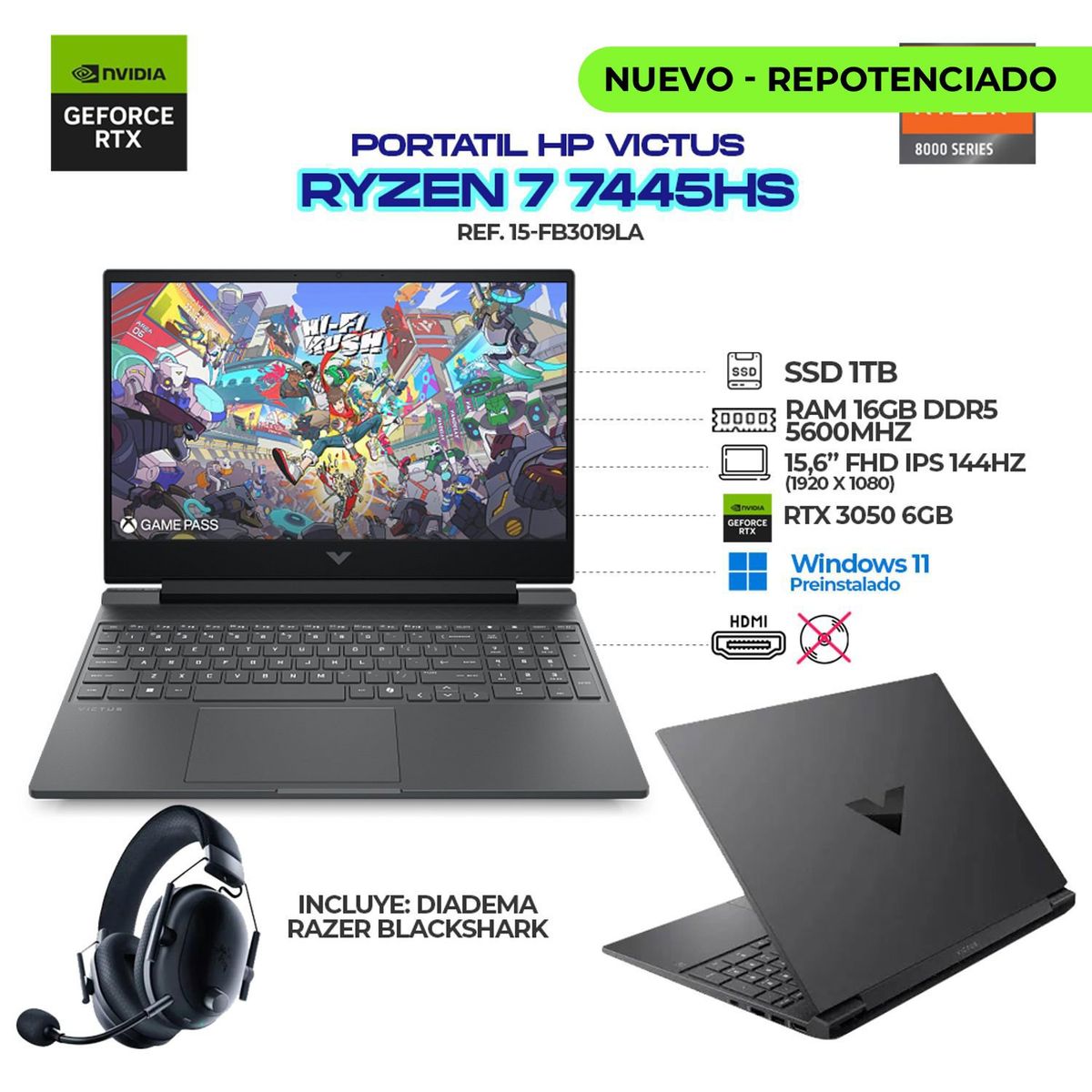 HP - PORTÁTIL HP VICTUS / AMD RYZEN 7 7445HS / RTX 3050 6GB / 16GB / 512GB SSD / 15.6” FHD+DIADEMAS RAZER