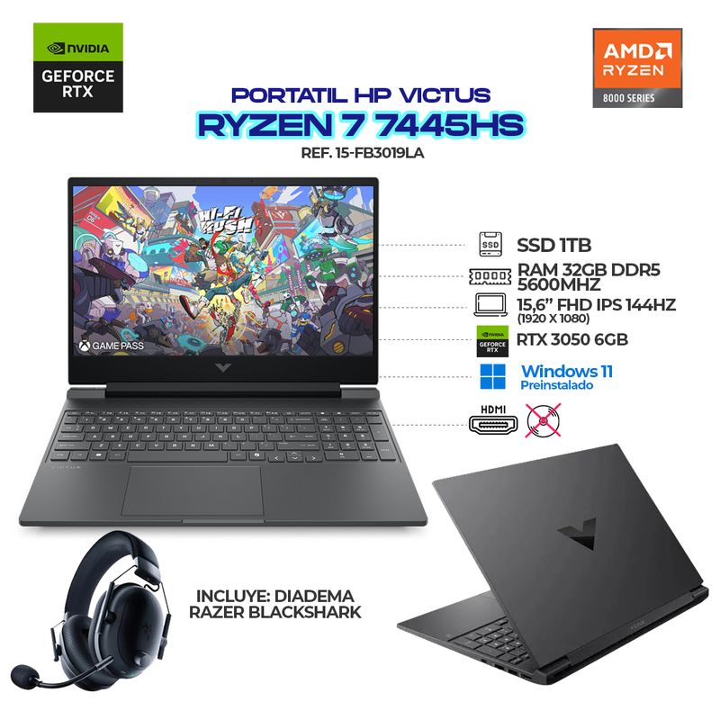 HP - PORTÁTIL HP VICTUS / AMD RYZEN 7 7445HS / RTX 3050 6GB / 32GB / 1TB SSD / 15.6” FHD+DIADEMAS RAZER