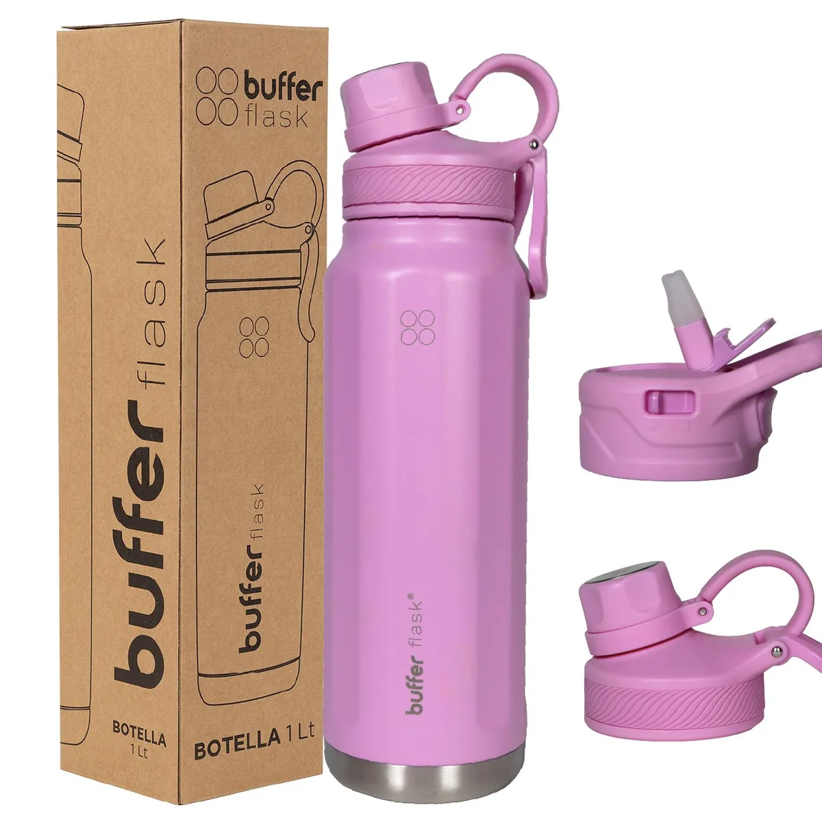 BUFFER FLASK - Termo Botella Termica Agua Acero Inox Buffer 1L + tapas - Rosa