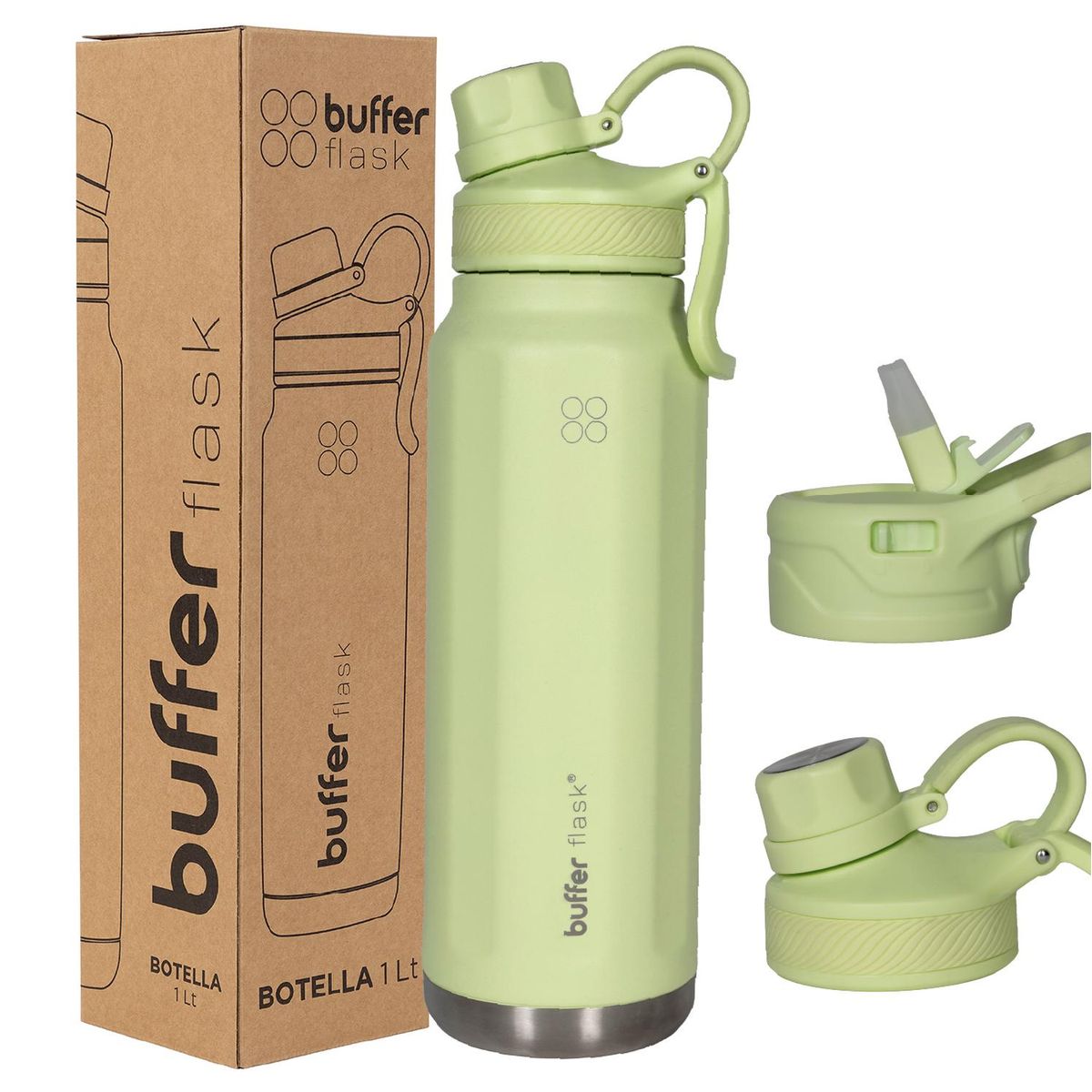 BUFFER FLASK - Termo Botella Termica Agua Acero Inox Buffer 1L + tapas - Verde