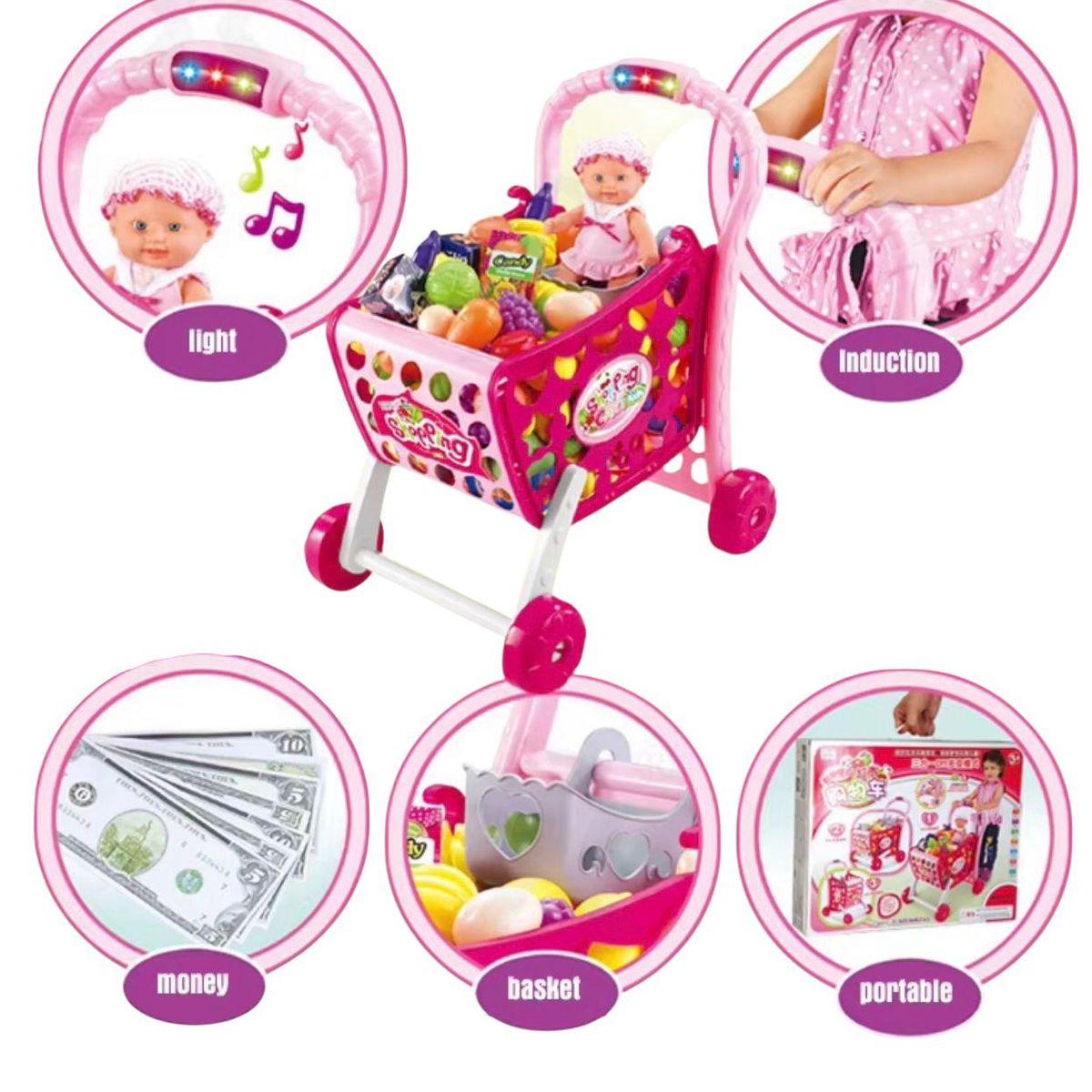 GENERICO - Carro De Mercado Musical Con Luces Y 28 Accesorios Rosa