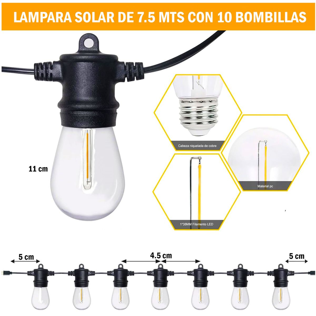 ONE PIXEL - Guirnalda De Luces Solares Exteriores 10 Bombillas Impermeable Jardín