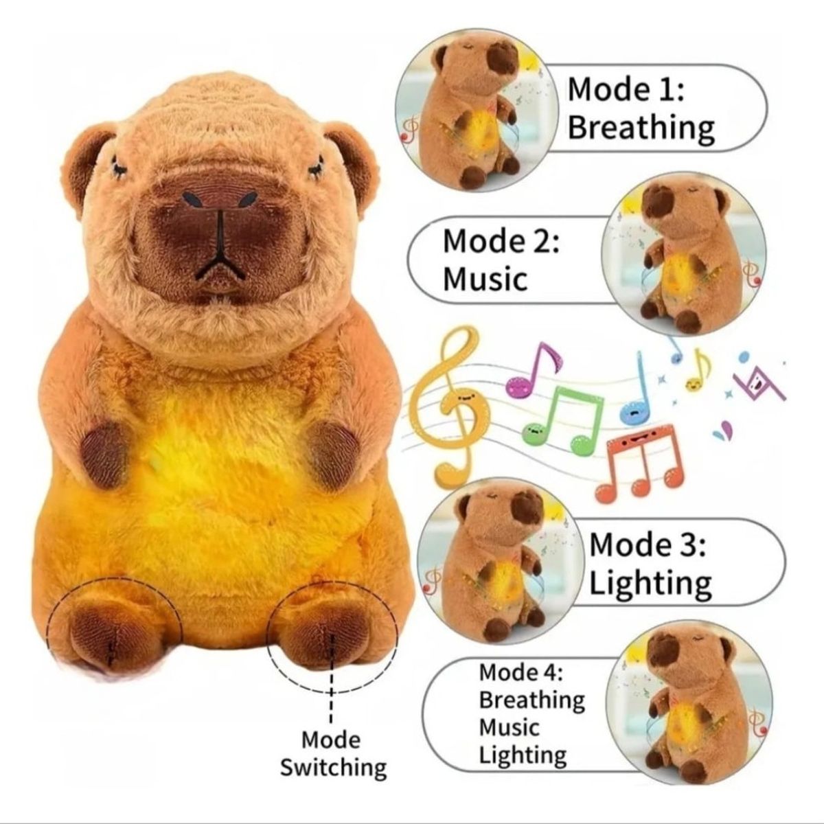 GENERICO - Peluche Capibara Color Café  respira Tiene Luz Y Música Juguete