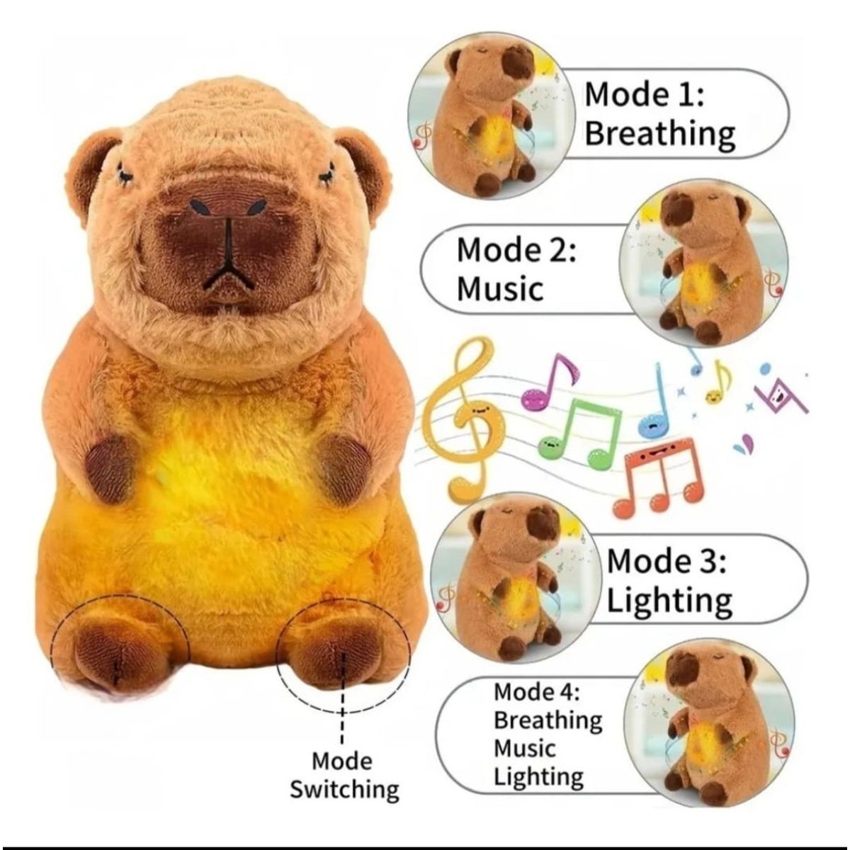 GENERICO - Peluche Capibara Color Café  respira Tiene Luz Y Música Juguete