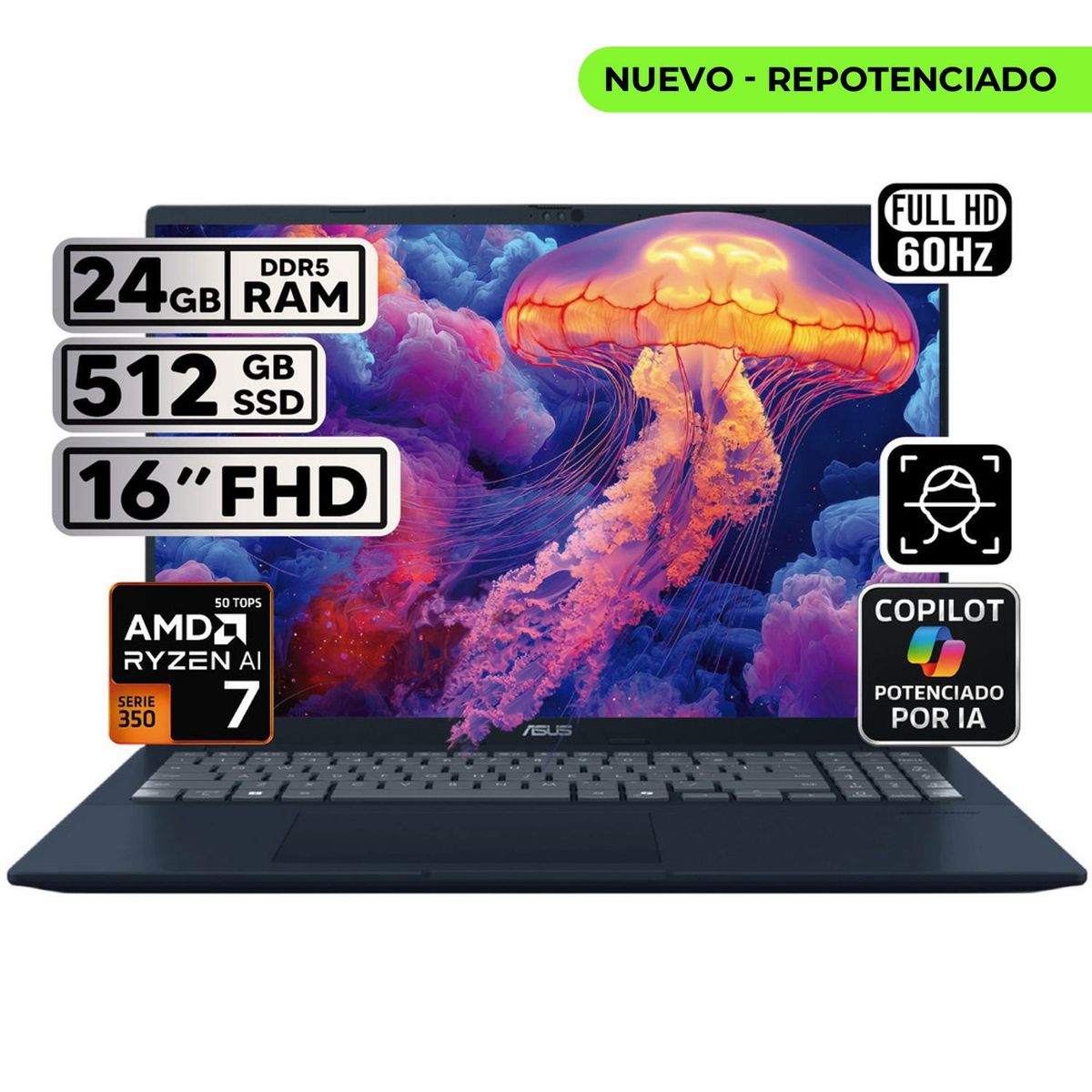ASUS - PORTÁTIL ASUS VIVOBOOK 16 RYZEN AI 7 24GB 512GB SSD PANTALLA 16″ WUXGA