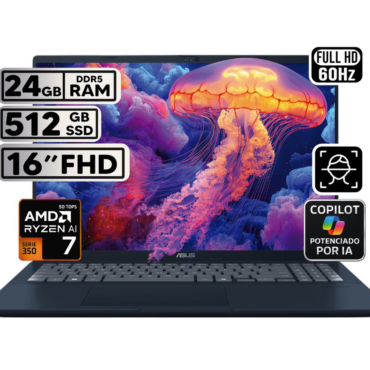 ASUS - PORTÁTIL ASUS VIVOBOOK 16 RYZEN AI 7 24GB 512GB SSD PANTALLA 16″ WUXGA