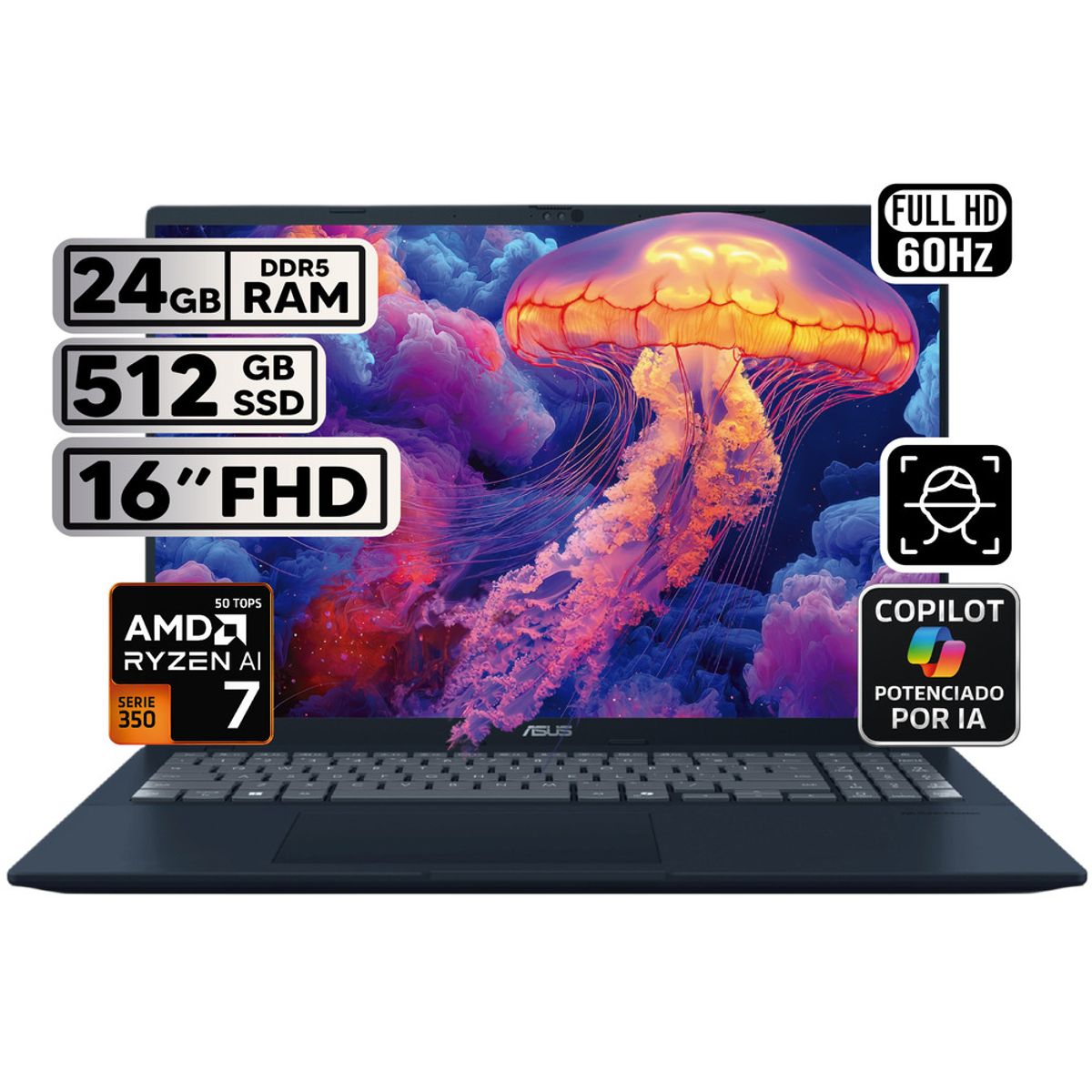 ASUS - PORTÁTIL ASUS VIVOBOOK 16 RYZEN AI 7 24GB 512GB SSD PANTALLA 16″ WUXGA