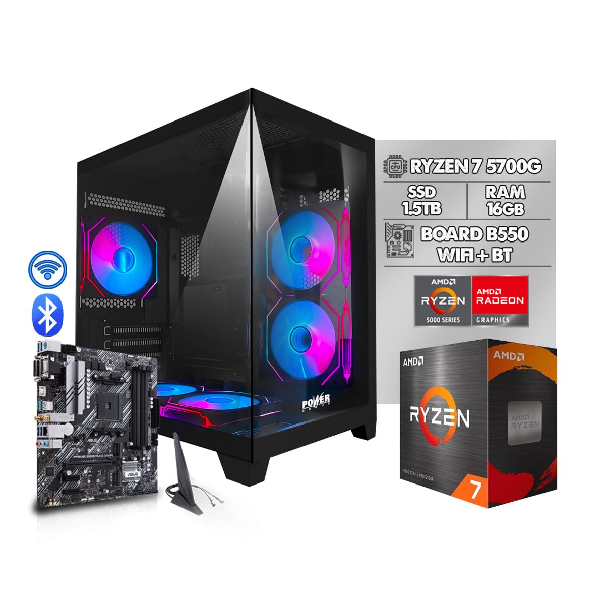POWER GROUP - PC GAMER AMD RYZEN 7 5700G + BOARD B550 WIFI 16GB RAM 1.5TB CHASIS 5 FANS RGB