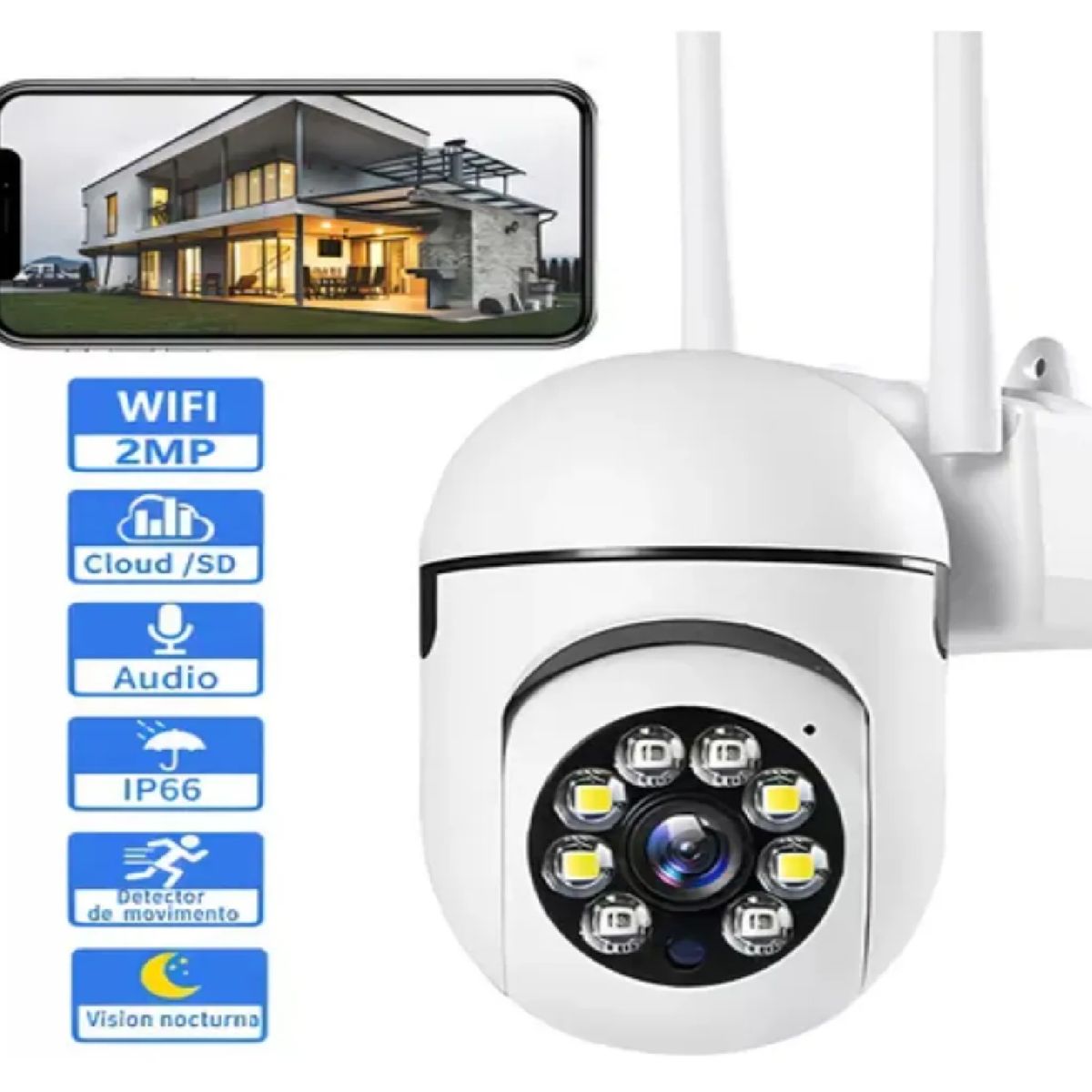 GENERICO - Cámara Seguridad Ip 2 Antenas 360 Wifi App V380 Blanco