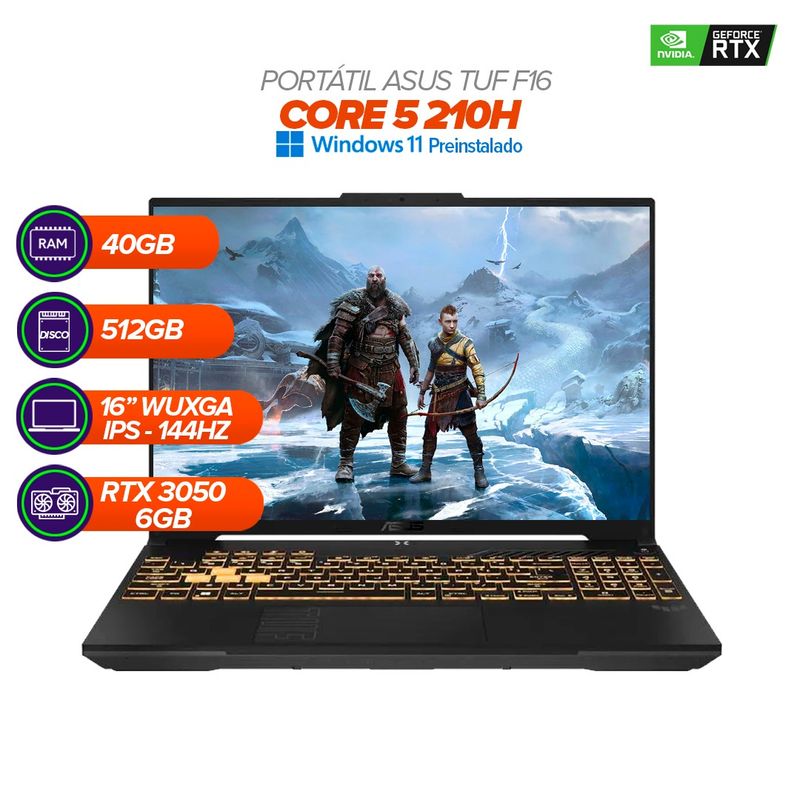 ASUS - PORTÁTIL GAMER ASUS TUF F16 / Intel Core 5 210H / RTX 3050 / 40GB RAM / 512GB SSD / 16" WUXGA 144Hz