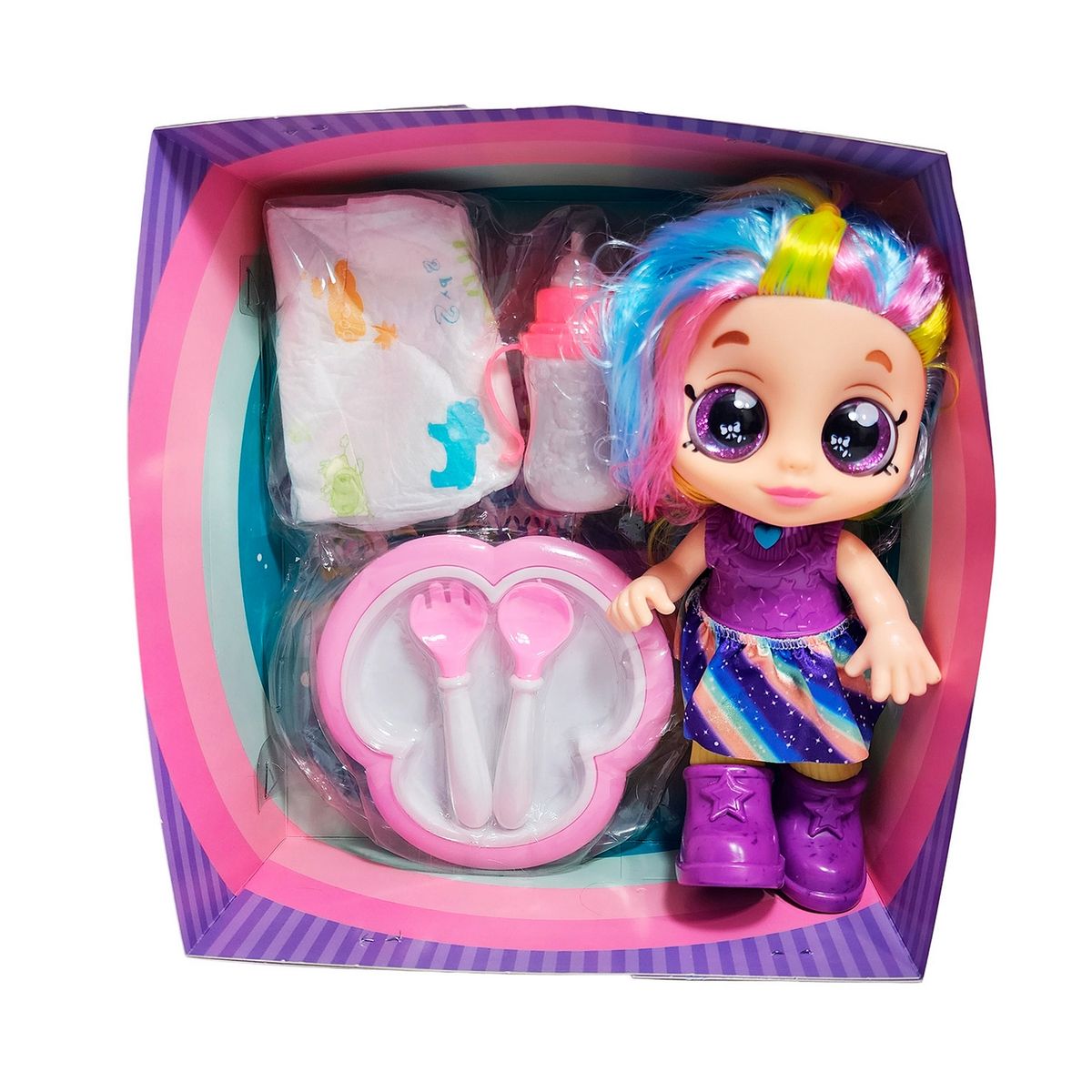 GENERICO - Muñeca Bebe Arcoiris Ojos Expresivos Con Utencilios Y Tetero