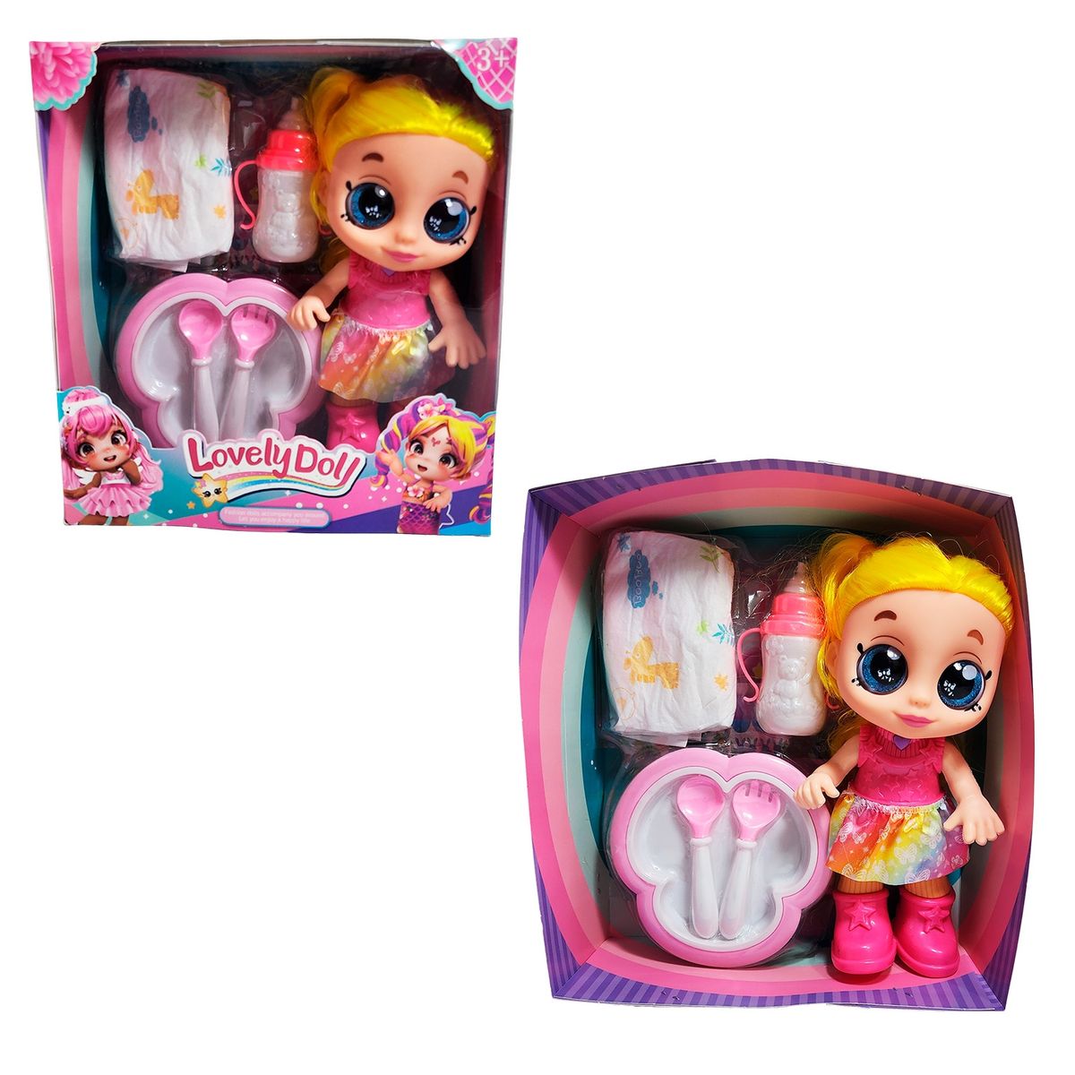 GENERICO - Muñeca Bebe Arcoiris Ojos Expresivos Con Utencilios Y Tetero