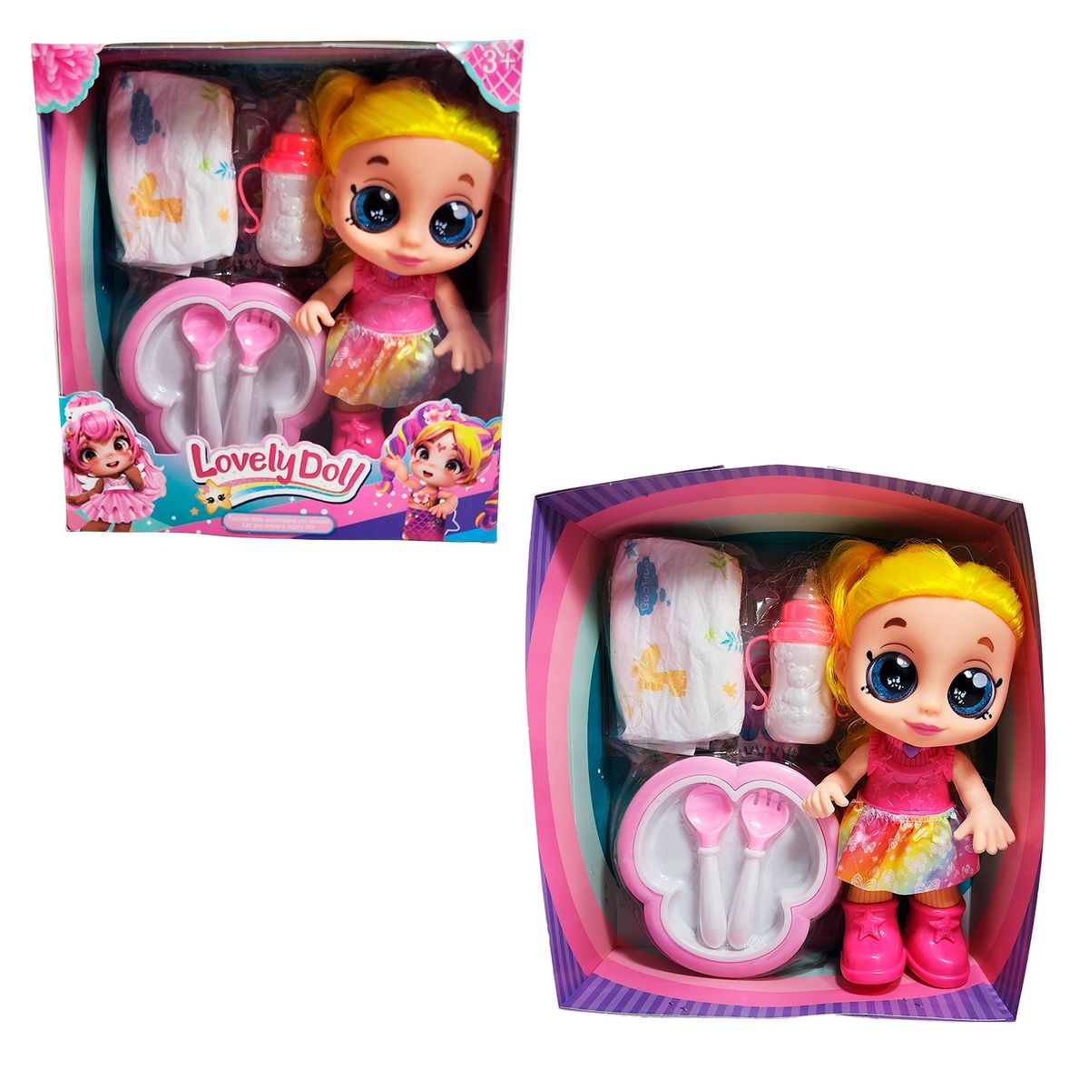 GENERICO - Muñeca Bebe Arcoiris Ojos Expresivos Con Utencilios Y Tetero