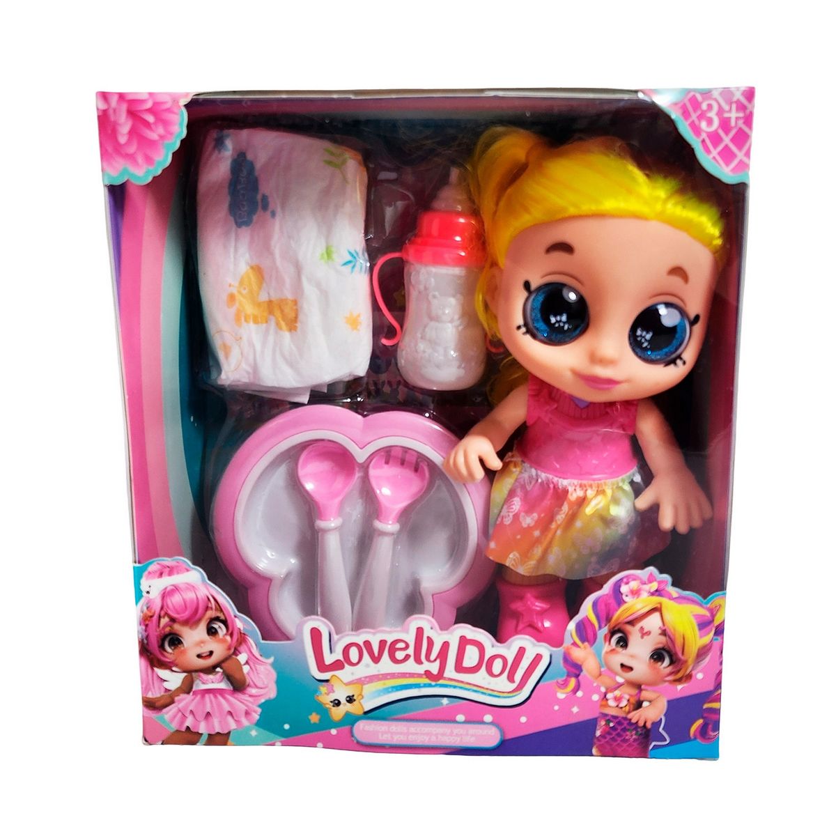 GENERICO - Muñeca Bebe Arcoiris Ojos Expresivos Con Utencilios Y Tetero