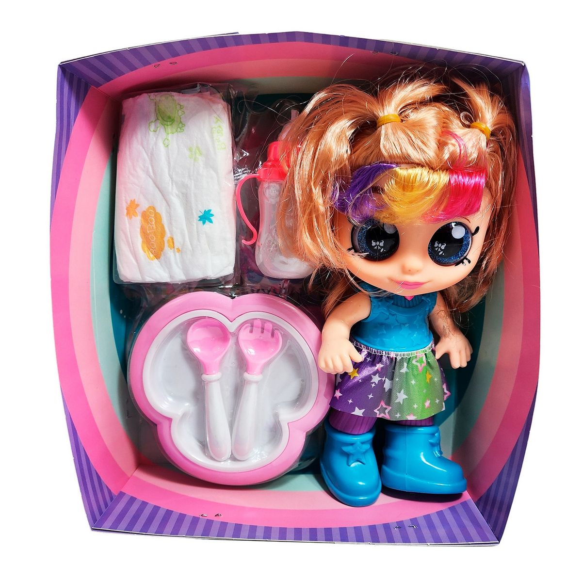 GENERICO - Muñeca Bebe Arcoiris Ojos Expresivos Con Utencilios Y Tetero