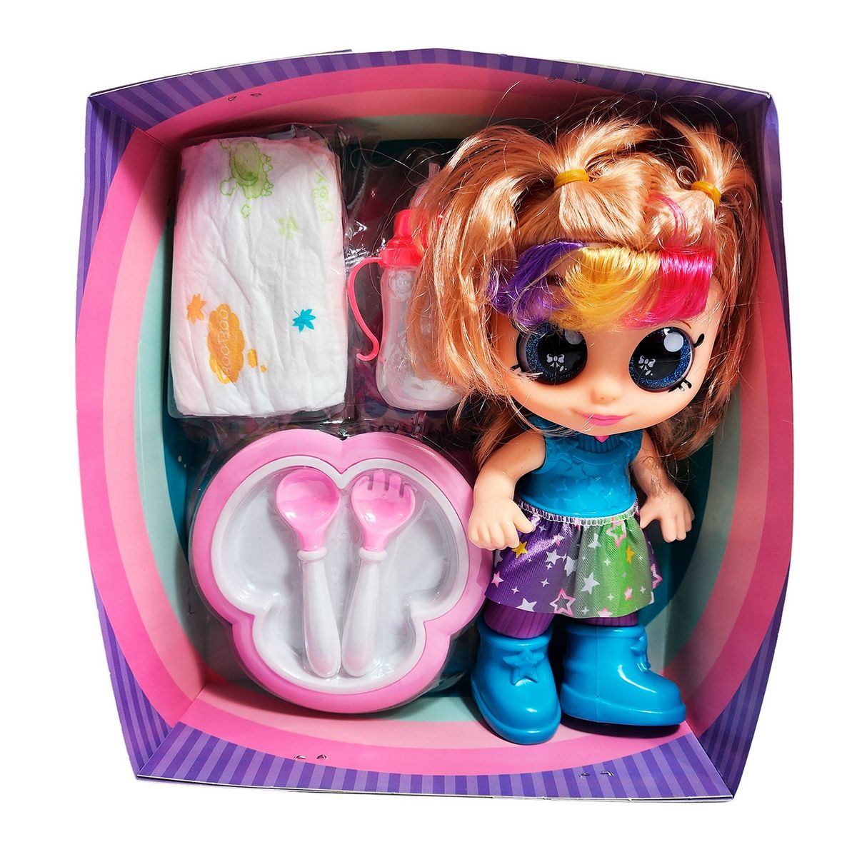 GENERICO - Muñeca Bebe Arcoiris Ojos Expresivos Con Utencilios Y Tetero