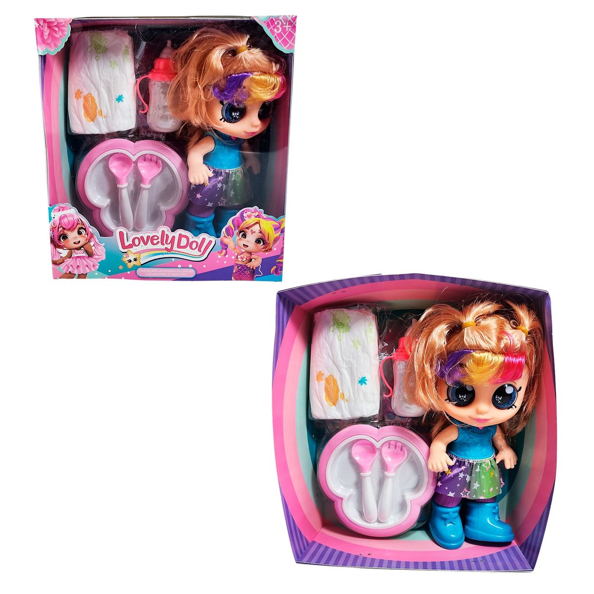 GENERICO - Muñeca Bebe Arcoiris Ojos Expresivos Con Utencilios Y Tetero