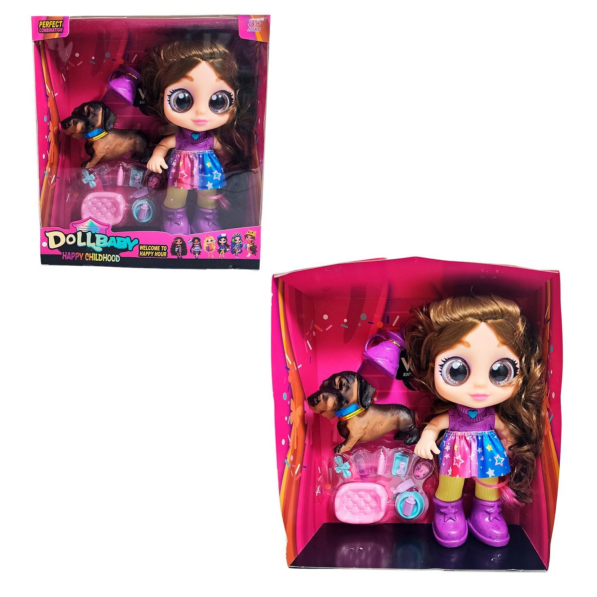 GENERICO - Muñeca Ojos Expresivos Con Mascota Y Maleta Juguete Niñas