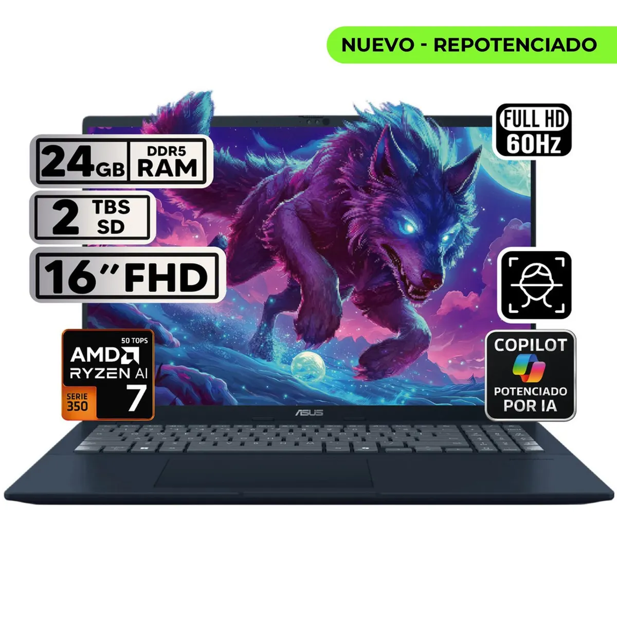 ASUS - PORTÁTIL ASUS VIVOBOOK 16 RYZEN AI 7 24GB 2TB SSD PANTALLA 16″ WUXGA