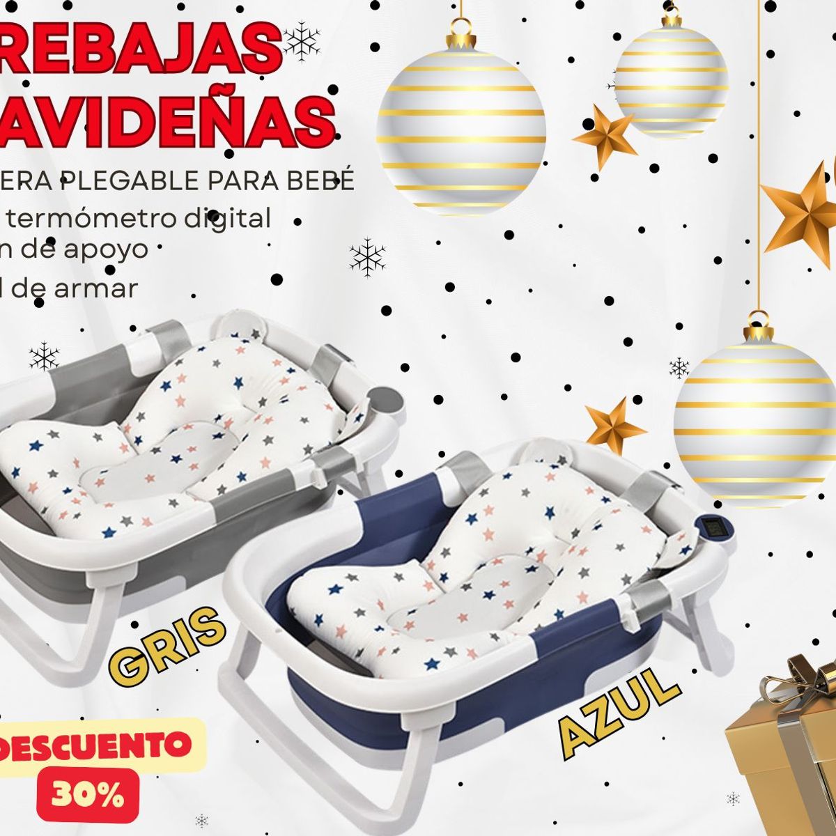 MUNDO BEBE - BAÑERA BEBES CON TERMOMETRO PLEGABLE MODELO 2026 CON DESAGUE AZUL